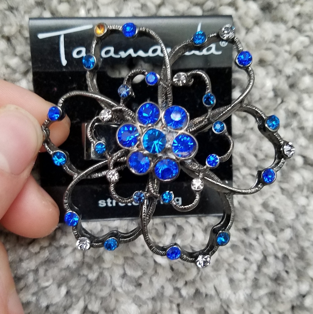 Blue Rhinestone Floral Statement Ring